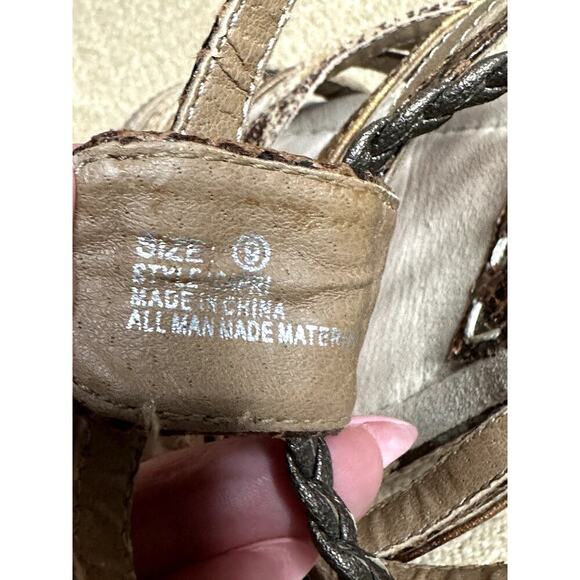 Two Lips Tan Reptile Faux Leather Strappy Cork Wedge Heels Sandals Size 9 - Picture 7 of 7